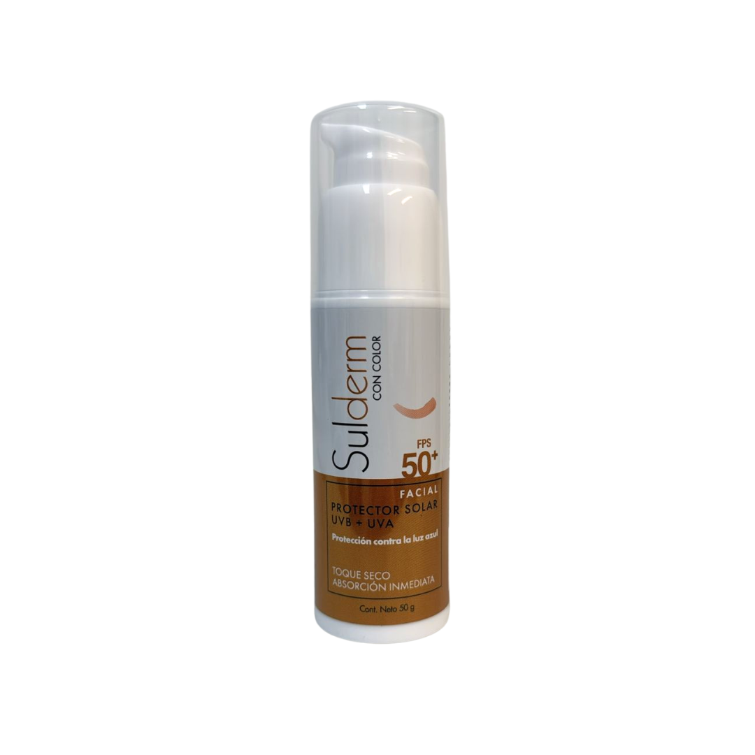 Protector solar facial con color Sulderm Emulsión FPS 50+ Toque Seco